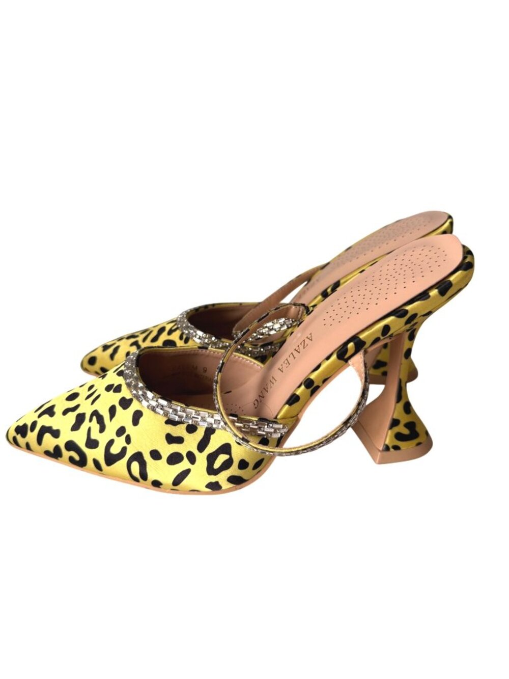 Azalea Wang Women's Mules Sandals 9 Yellow Leopard Pointed Toe Rhinestone Strap